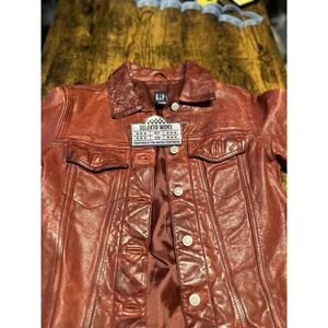 GAP Vintage 1999 Y2K Red Leather Long Sleeve Lined Trucker Jacket XS